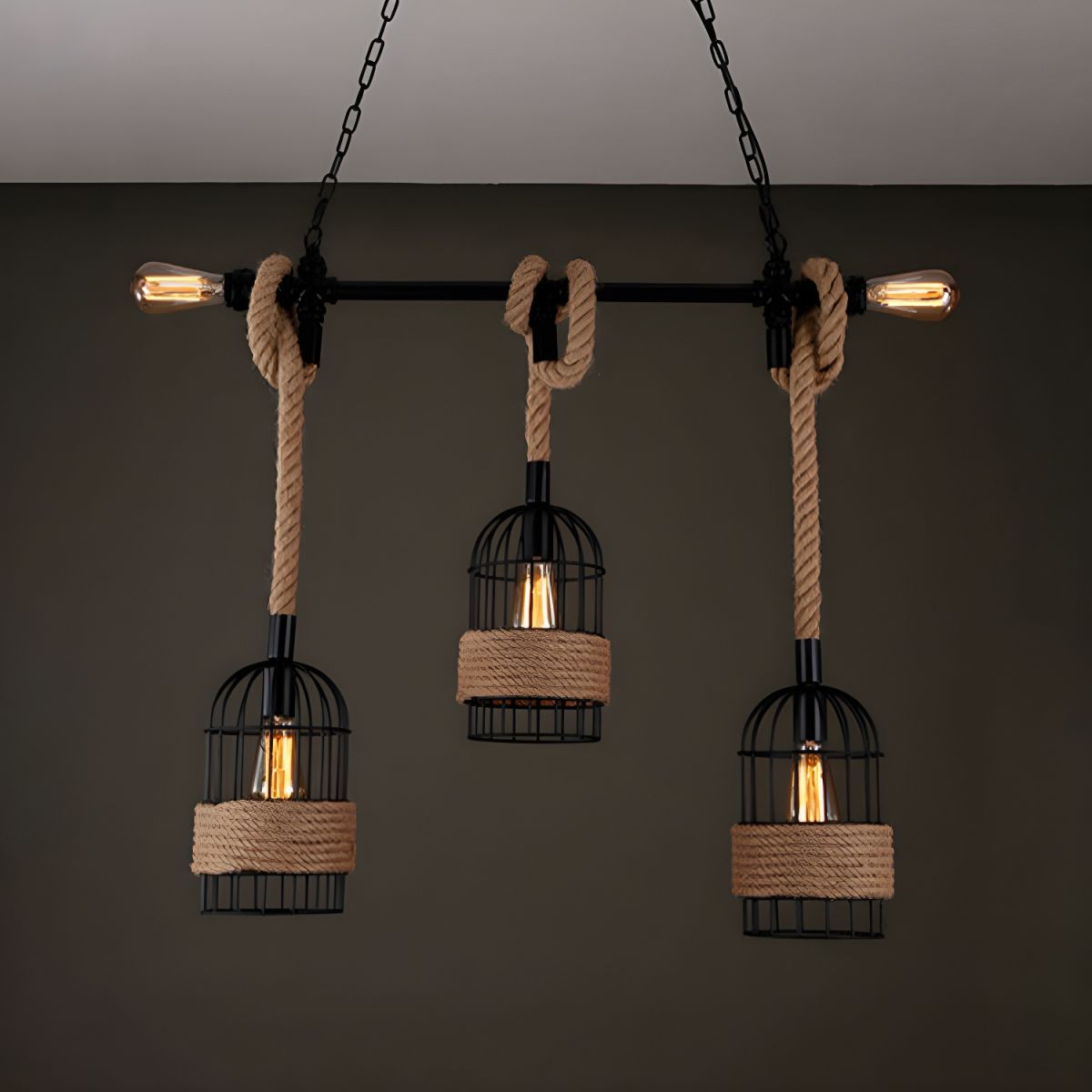 Light Industrial Kitchen Island Lighting Metal Hemp Rope Ceiling