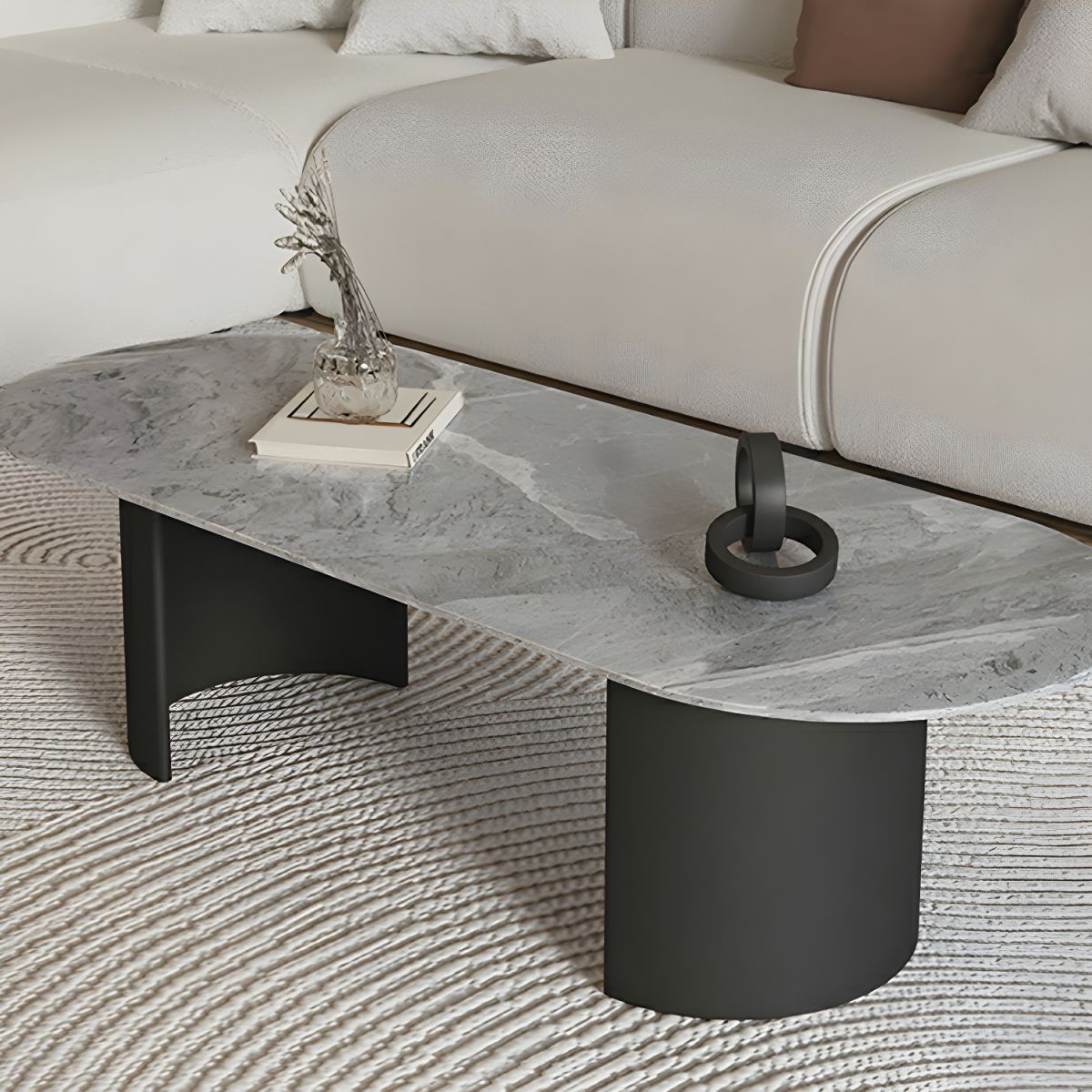 Elegant Stone Top Oval Coffee Table With Contemporary Metal Base L