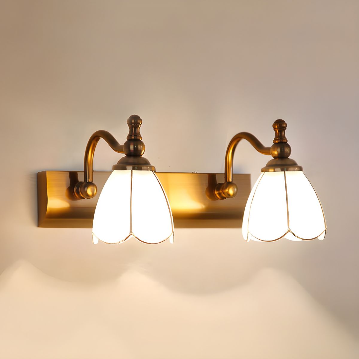 Flower Ivory Glass Vanity Light Colonial Style 2 Bulb Bathroom Wall