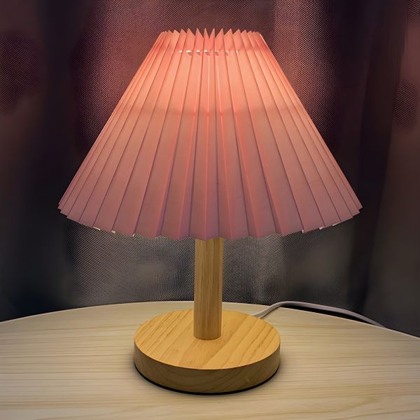 Scandinavian Danish Design - Vintage bol Table newest Light Dark Brown Wooden Base with Pink Pout knife pleated fabric hood 80s Lamp bedside