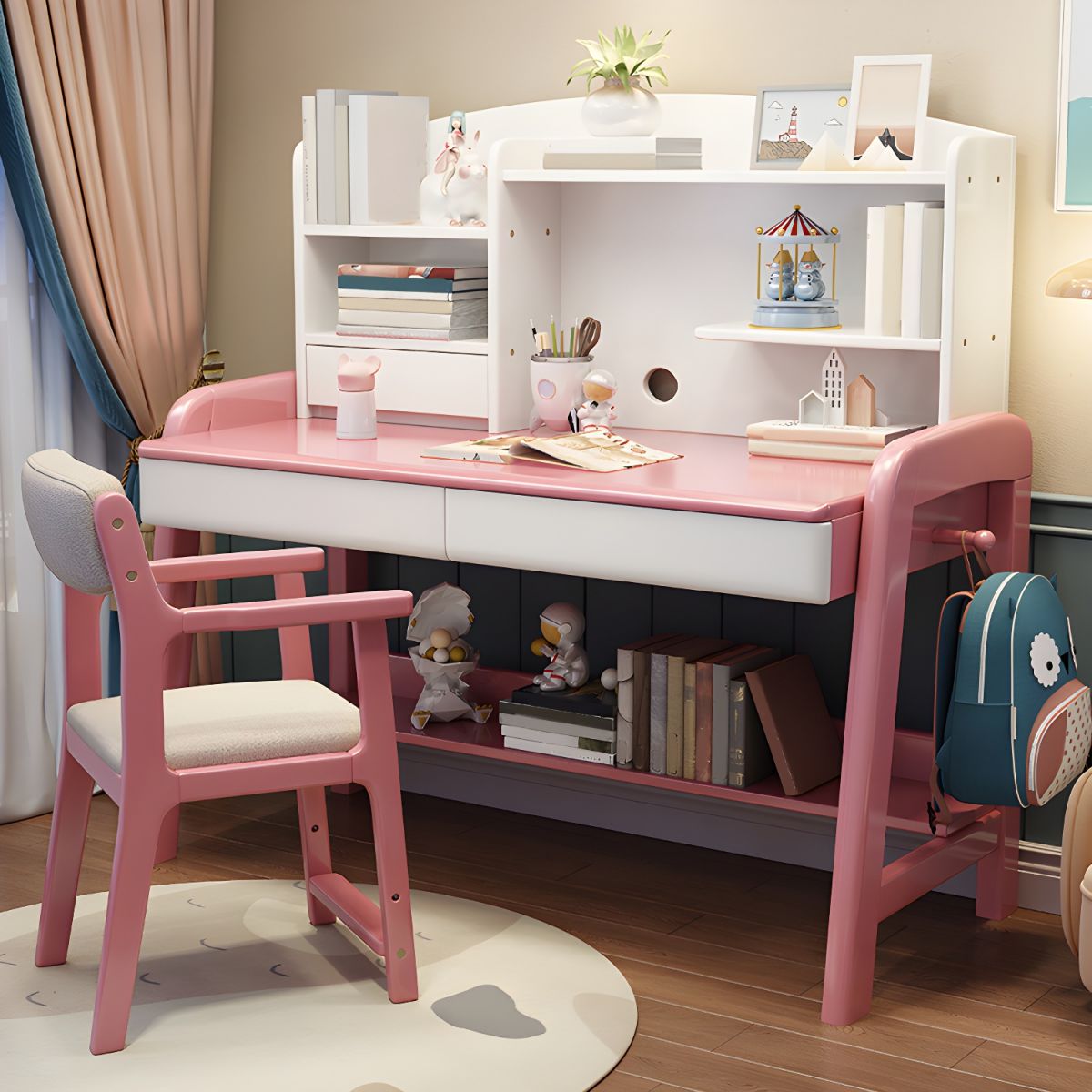 Solid Wood Writing Desk Kids Desks and Chair Set with Hutch Adjustable ...