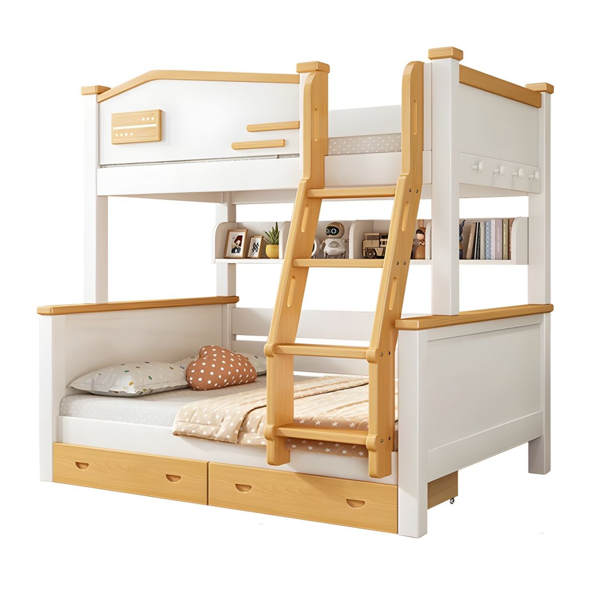 Modern White Wood Bunk Bed with Storage, Bookcase, and Multiple ...