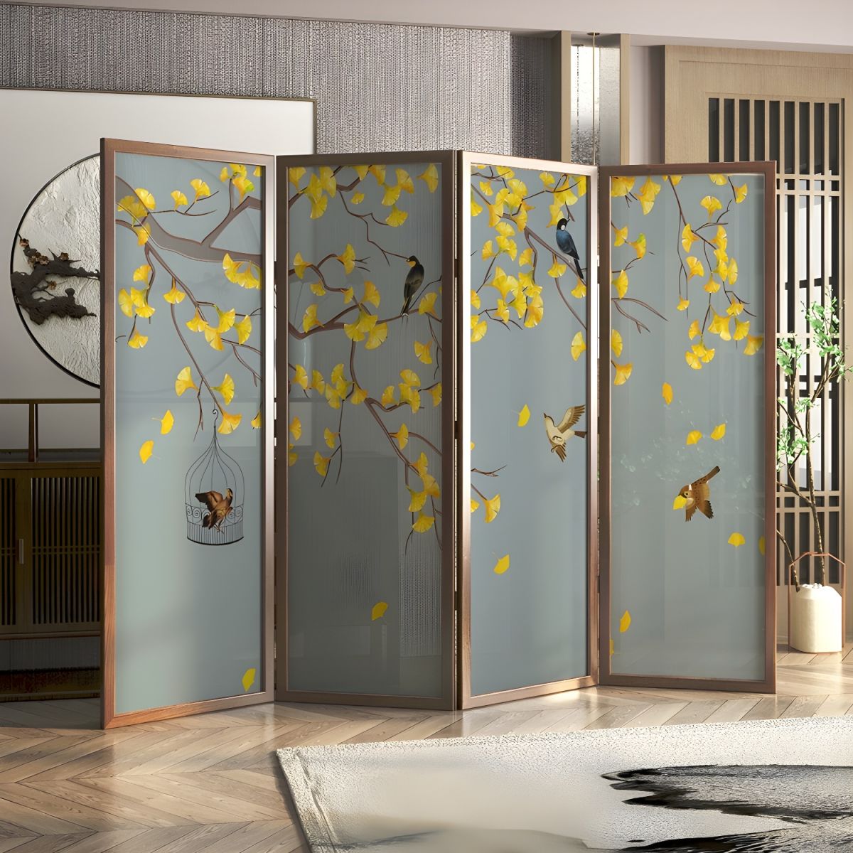 Modern Wood Folding Room Divider with Gauze Screens and Translucent ...