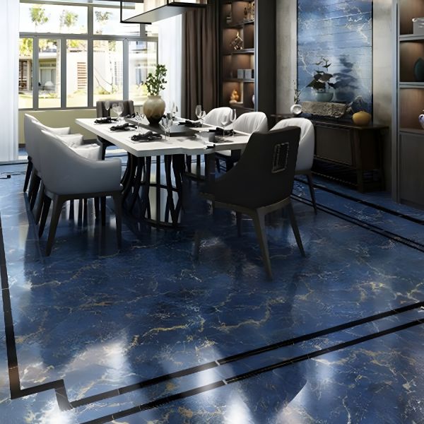 Square 9mm Field Tile with Marble Look Design, Slip Resistant Floor Use - 1  Case - 3 Pieces Royal Blue