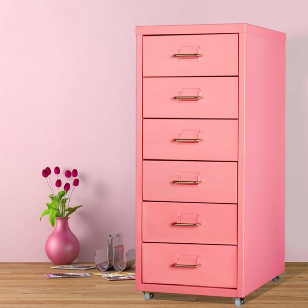 Modern Simple Style Pink Steel 6 Drawers Vertical Filing Cabinet with Casters